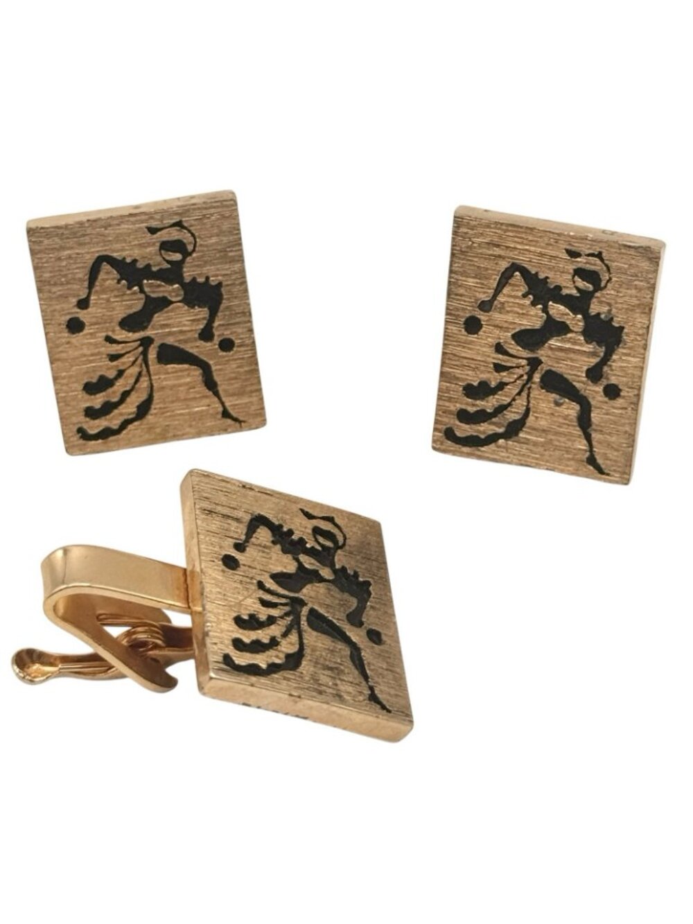 Vintage Mid Century Modern Cufflinks and Tie Clip Set Metal Overlay Latin Dancer - Picture 2 of 6